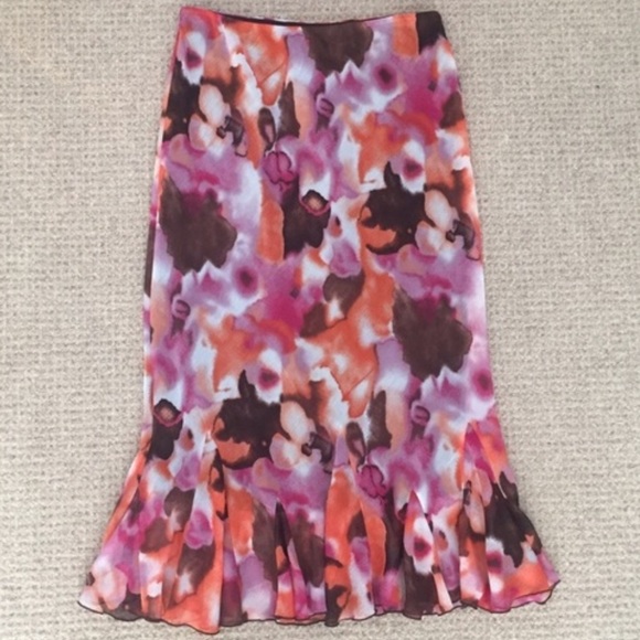 Cato Dresses & Skirts - Pink & brown midi lined Skirt flouncy hem, size M